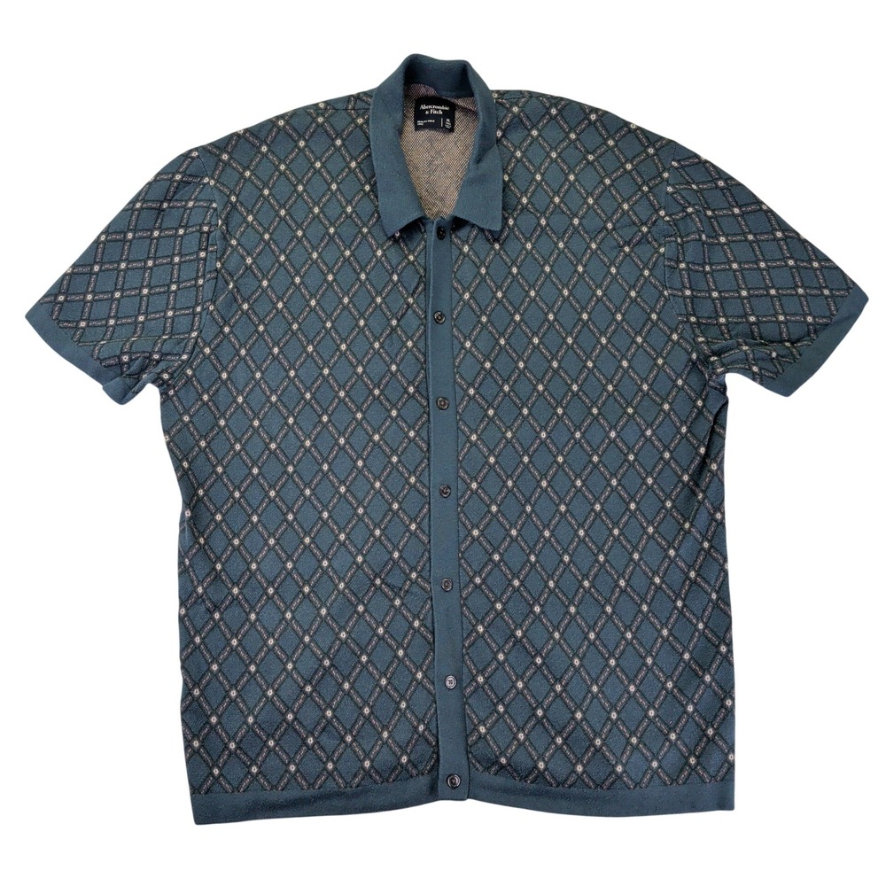 Abercrombie & Fitch Men XL Tall Teal Geometric Diamond Knit Button Up Polo Shirt